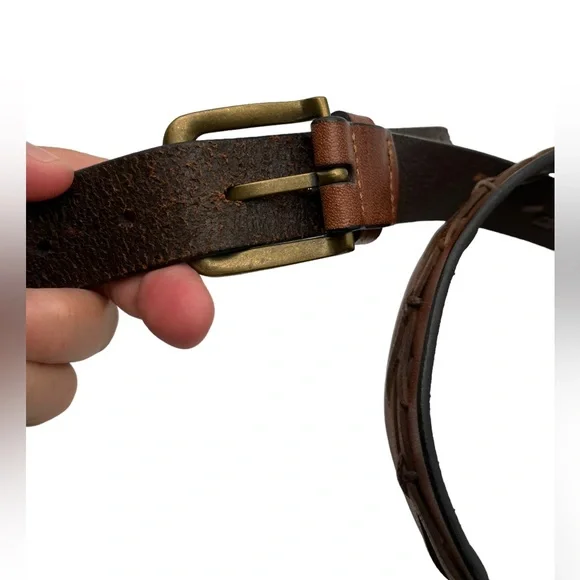 Vintage Brown Leather Belt Men XL 44/110 Western Style Hand Stitched Design Boho - Picture 6 of 12
